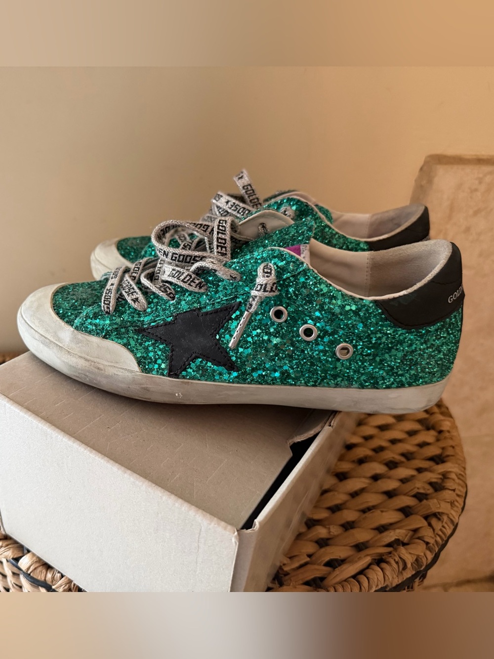 Golden Goose Emerald Green Glitter Superstar Sneakers with Black Star